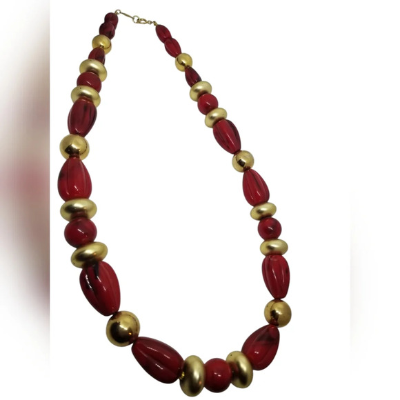 ARTHUR A.D.DAVID VINTAGE RED & GOLDTONE BEADED STATEMENT  NECKLACE - Picture 3 of 5